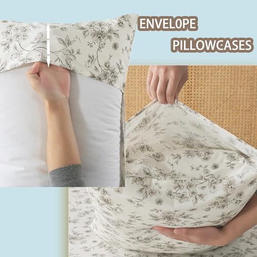 Zusbest Cotton Sheets Full Tan Floral Beige Patterned Bed Sheet Sets Vintage Peony Flower Toile Printed Bedding Luxury Soft Breathable Crisp Cooling Percale Sheets Deep Pocket 17.5'', 4 Pcs Zusbest