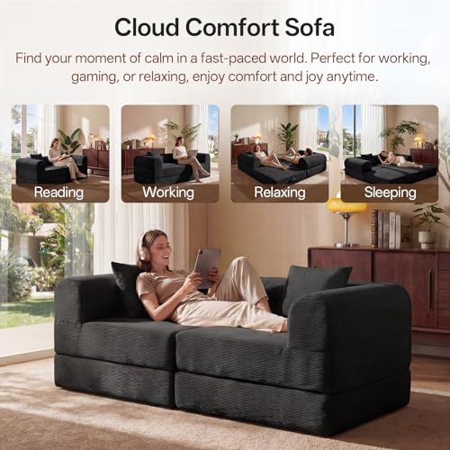 LunaHush 74.8’’ Boneless Modular Convertible Sofa Bed, Fold-Out Floor Couch Loveseat, All-Foam Futon Mattress Couch, Corduroy Sleeper Sofa for Living Room & Small Spaces, No Assembly Required, Black LunaHush