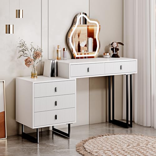 Ieejdn White Vanity Desk with Mirror and Lights,Small Makeup Vanity with 5 Drawers，Modern Makeup Table with Adjustable Cabinet for Bedroom,Makeup Room - WoodArtSupply