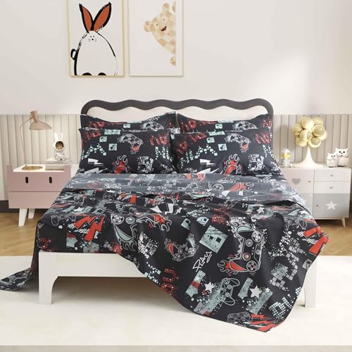 SDY 4PCS Gaming Bed Sheet Full,Super Cute Soft Game Console Bedding Sheet Sets for Boys, Girls, Kids and Toddler, Bed in a Bag with 1 Fitted Sheet+ 1 Top Flat Sheet + 2 Pillowcases SDY