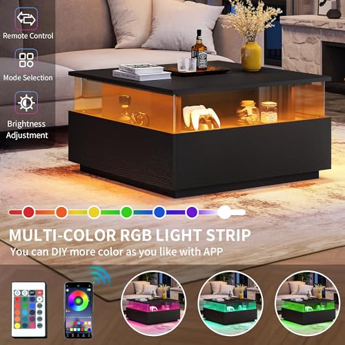 YITAHOME Coffee Table, Coffee Tables for Living Room with Storage, Square Coffee Table with 2 Sliding Drawers, Modern Coffee Table with LED Light, Acrylic Wood Center Table, Black - WoodArtSupply