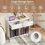 LOKO Large Record Player Stand with Charging Station, Vinyl Record Holder with Storage Compartments & 2 Drawers, Turntable Display Stand with Metal Legs for Living Room, Bedroom, Office (White) LOKO