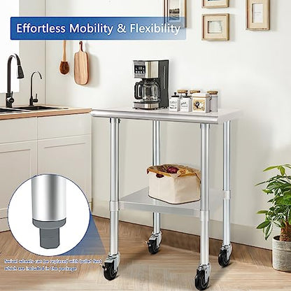 HARDURA Stainless Steel Table with Wheels 24 x 30 Inches Casters NSF Heavy Duty Commercial Work & Prep Table with Undershelf and Galvanized Legs for Restaurant Kitchen Bar and Hotel Garage - WoodArtSupply