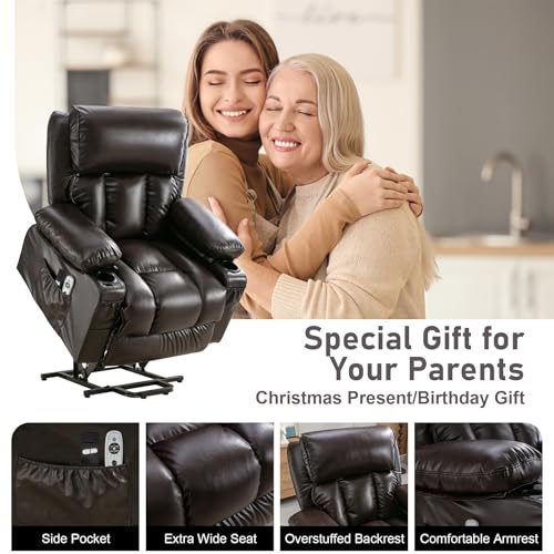 RHHVVR Power Lift Recliner Chair for Elderly, Lay Flat Recliner Chair with Heat and Massage, Electric Stand Assist Leather Lift Lounge Recliner Presents for Family, Dark Brown RHHVVR