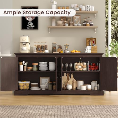 VVFLU 70" Sideboard Buffet Cabinet with Storage, Coffee Bar Cabinet with and 4 Doors, Long Wider Storage Cabinet Modern Farmhouse, Brown Wood, for Kitchen, Dining Room, Living Room VVFLU