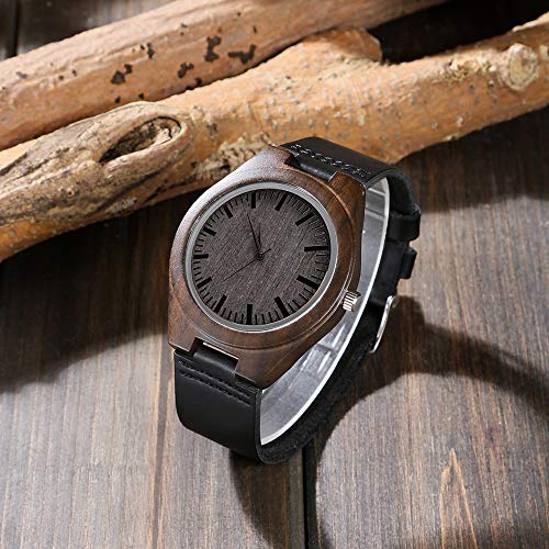 Engraved Custom Men Wood Watch,Analog Quartz Black Leather Handmade Sandalwood Natural Custom Wood Watch for Son Husband Anniversary Christmas Gifts (for Son from Dad) Kenon