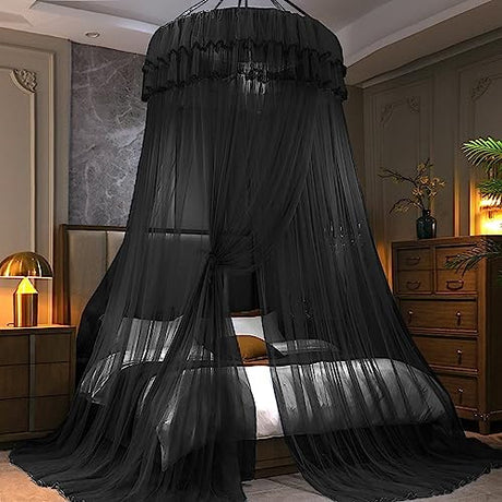 Kertnic Mosquito Net Bed Canopy for Girls, Princess Canopy Bed Curtain Fine Sheer Mesh Dome Bed Canopies, Kids & Adults Lace Tent for Twin Full Queen King Bed (Black) Kertnic