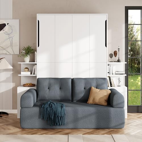 Quarte Queen Size Wall Murphy Bed with Sofa and Storage, Space-Saving Folding Bed for Home Office & Guest Room, Easy Assembly (A-Gray) Quarte