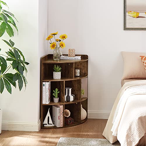 Vecelo Modern 3-Tier Corner Cabinet with 8 Cubbies - Versatile Wooden Storage Organizer in Brown - WoodArtSupply