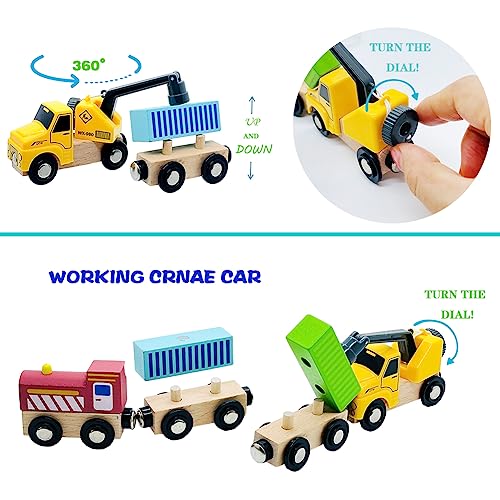 Wooden Trains Cars with Crane Magnetic Train 10pcs Wooden Train Toys with Animals for Wooden Train Tracks Train Sets for Toddlers and Kids Ages 3+ - WoodArtSupply