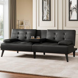 Meilocar 64" Futon Sofa Bed, Small Loveseat with 2 Cup Holders, Small Couch with 3 Adjustable Angles & Removable Armrest, Modern Sleeper Sofa for Apartment, Office (PU Leather, Black) Meilocar