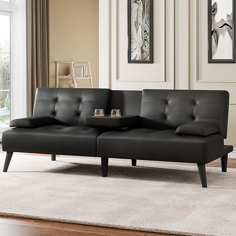 Meilocar 64" Futon Sofa Bed, Small Loveseat with 2 Cup Holders, Small Couch with 3 Adjustable Angles & Removable Armrest, Modern Sleeper Sofa for Apartment, Office (PU Leather, Black) Meilocar