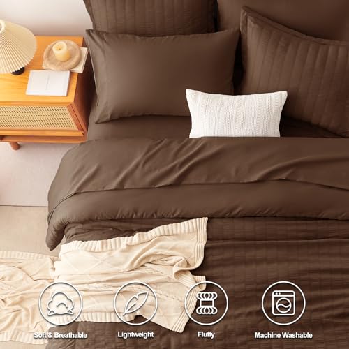 CozyLux Full Size Comforter Sets with Sheets 7 Pieces, Brown Seersucker Bed in a Bag Textured Luxury Soft Bedding Set with Down Alternative Comforter, Sheets, Pillowcases & Shams for All Seasons