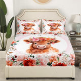 Feelyou Cute Highland Cow Sheet Set King Size Kids Cartoon Animal Sheets with Deep Pocket Fitted Sheet for Boys Girls Teens Flower Floral Print Bed Sheets Set Farm Zoo Garden Theme Bedding Set Feelyou
