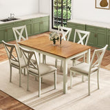 YUMPIE 7-Piece Farmhouse Dining Table Set for 6 People, 60" Wood Dining Kitchen Table & Chairs Set, Kitchen Table with 6 Upholstered Chairs, Perfect for Restaurant, Brown & White YUMPIE