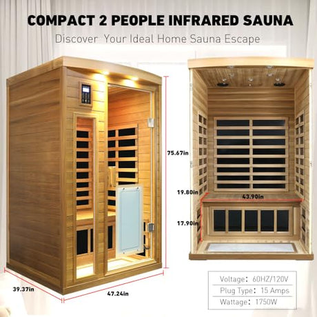 2 Person Low EMF Infrared Sauna for Home, Red Cedar Wood Far Infrared Saunas, 1750watt Indoor Personal Sauna Room with Door Heating Panels, Blue-tooth, 7-Color Chromotherapy Lights, 2 Outdoor Lamps Kanlanth