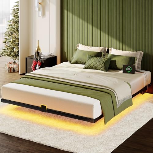 Bed Frame Queen Size, Floating Bed Frame with Smart LED Lights & Charging Station, Modern Metal Platform Queen Bed Frame with Mattress Slide Stopper, Noise-Free, No Box Spring Needed, Easy Assembly MORICAD