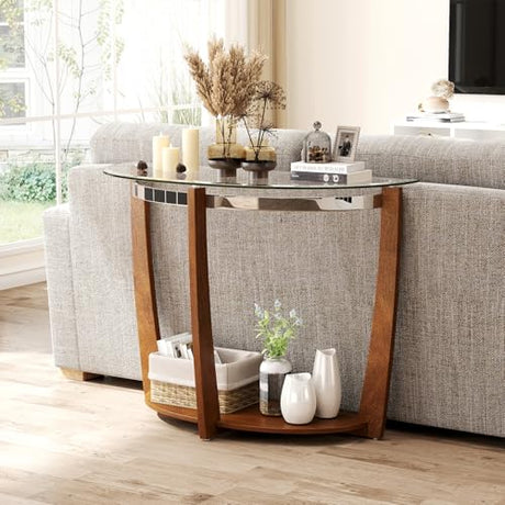 BECOMFORT Glass Console Table, Half Moon Entryway Table with Tempered Glass Top & Solid Rubberwood Legs, Modern Hallway Table, Behind Couch Sofa Table for Living Room, Entry, Porch (Walnut) BECOMFORT