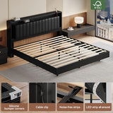 Belffin Floating Bed Frame King Size with LED Lights & Charging Station, Wooden Headboard with Hidden Storage and Faux Leather Backrest, Easy Cleaning, No Box Spring Needed, Noise-Free, Black Belffin