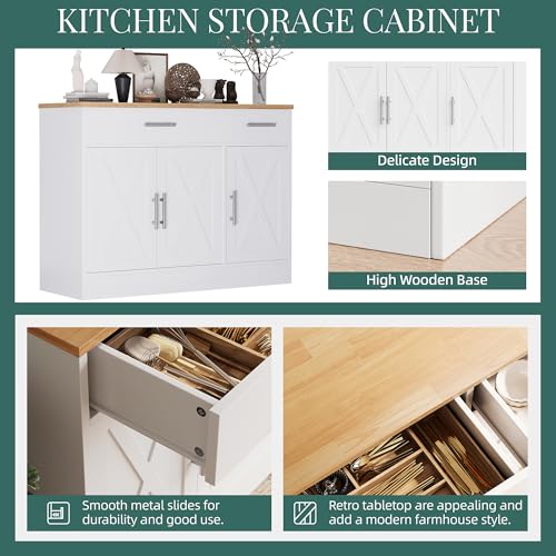 Shintenchi Modern Farmhouse Sideboard Buffet Cabinet with Storage with 3 Doors,42" Barn Doors Buffet Cabinet with Storage, Wood Coffee Bar Cabinet with Adjustable Shelf for Kitchen Living Room,White Shintenchi