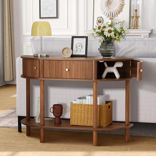 XUZENEST 43.3“ Fluted Half Moon Console Table, Modern Entryway Console Sofa Table with Storage, Narrow Wood Accent Tables Behind Couch Tables for Living Room, Hallway, Foyer(Walnut) XUZENEST
