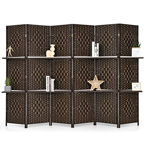 Giantex 6Ft 6 Panel Room Divider with Shelves, Freestanding Hand-Woven Rattan Folding Privacy Screens for Room Separation, Wooden Partition Room Divider Wall for Home Office Studio Separator Giantex