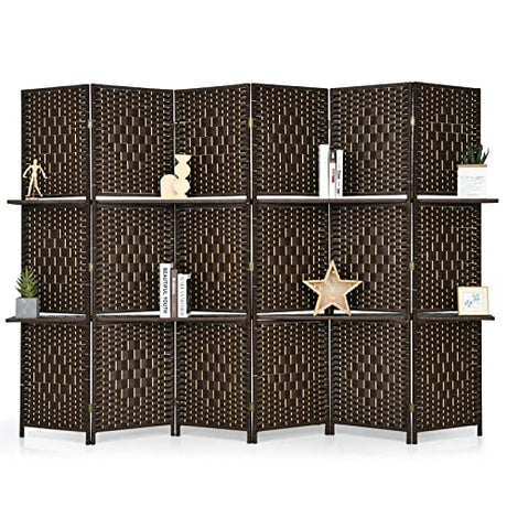 Giantex 6Ft 6 Panel Room Divider with Shelves, Freestanding Hand-Woven Rattan Folding Privacy Screens for Room Separation, Wooden Partition Room Divider Wall for Home Office Studio Separator Giantex