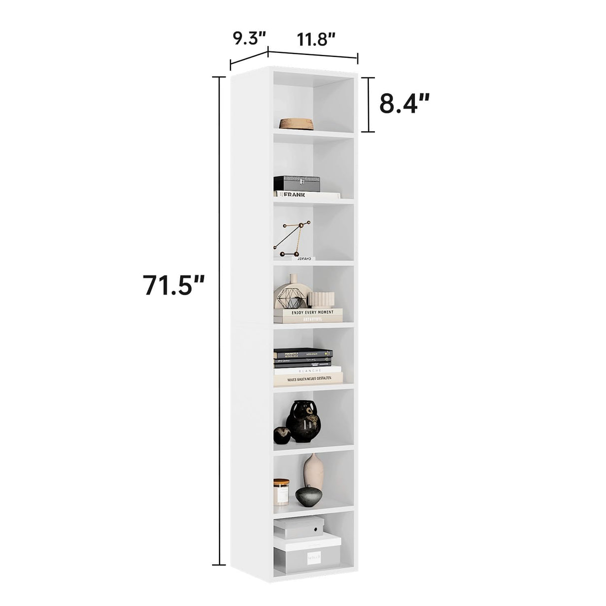 MXV Narrow Bookshelf, 6-Tier Open Bookcase, Coner Shelf, Storage Shelves, Display Storage Shelves, Floor Standing Unit, Furniture for Home Office, Living Room, Bedroom, White MXV