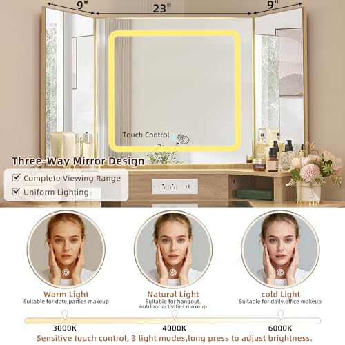 Lerliuo Corner Vanity Desk with 3 Way Mirror and Lights, 46'' Rattan Makeup Vanity with Glass Top Drawer, Natural Wood Make Up Storage Cabinets with Charger for Bedroom Lerliuo