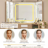 Lerliuo Corner Vanity Desk with 3 Way Mirror and Lights, 46'' Rattan Makeup Vanity with Glass Top Drawer, Natural Wood Make Up Storage Cabinets with Charger for Bedroom Lerliuo