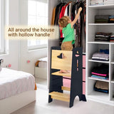 COSYLAND Toddler Standing Tower Adjustable Height - Super Stable Toddler Kitchen Stool Helper - 3 Levels Adjustable Wooden Toddler Kitchen Stool (Natural & Dark Gray) COSYLAND