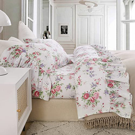 Queen's House Ruffle Floral Bed Sheet Sets 4-Piece Romantic Roses Printed Shabby Vintage Chic Bedding Sheets Girls Deep Pocket Set King Size-Style L QSH
