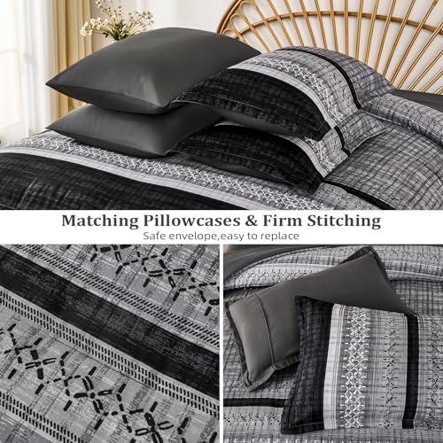 Dintszyayue Black Comforter Set Queen Size, 8 Pieces Boho Striped Bed in a Bag Soft Microfiber Bedding Set for All Season Dintszyayue