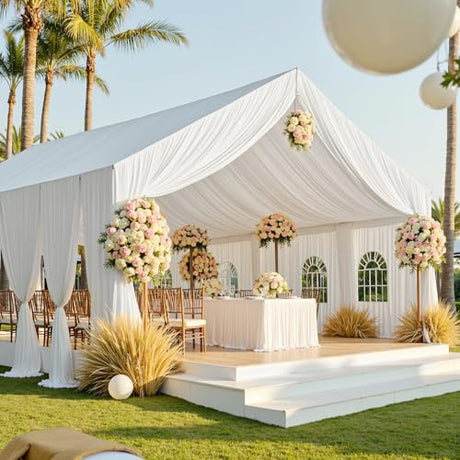 50ftx40ft White Ceiling Curtain for Wedding Parties – 10 Panels Wrinkle-Free 40 FT Long Tent Draping Curtains for Wedding, Birthday & Theme Parties, 40ft Height with Rod Pocket Party Village