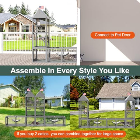 TIMHAKA 2 in 1 Indoor Catio, Outdoor Cat Enclosure with Tunnel, Pet Playen Include 1 Catio and 1 Tunnel, Cat Enclosure with Cats Hammock and Waterproof Cover, Indoor Outdoor Cats Cage with 2 Door TIMHAKA