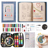 100 PCS Complete Embroidery Stitch Book Kit with Includes Step-by-Step Instructions, Hoops, Threads, Needles & Fabric, All-in-One Portable Starter Set for Adult Beginners & DIY Craft Enthusiasts