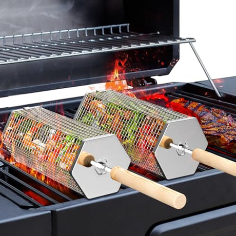 Ivtivfu Nesting Grill Baskets (2PCS, 2024), Removable Wooden Handle, 304 Stainless Steel, Rolling Grilling Net, BBQ Accessories Tools for Vegetables Shrimp, Outdoor Cooking Camping, Gifts for Men Dad Husband Ivtivfu