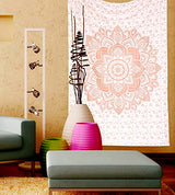 raajsee Metallic Rose Gold Tapestry Pink Mandala Wall Hangings, Indian Cotton Beach Throw Blanket, Hippie Tapestries Boho Decor Bohemian Bedding,Twin Bedspread 52x82 inches Yoga Mat Rugs raajsee