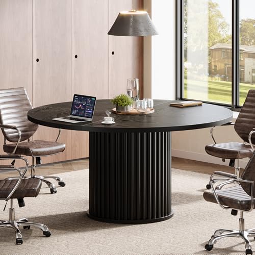 Tribesigns 47-Inch Round Conference Table, Black Meeting Table for 4-6 People, Small Office Desk with Sturdy Metal Base, Perfect for Conference Room or Small Workspaces, Black Tribesigns