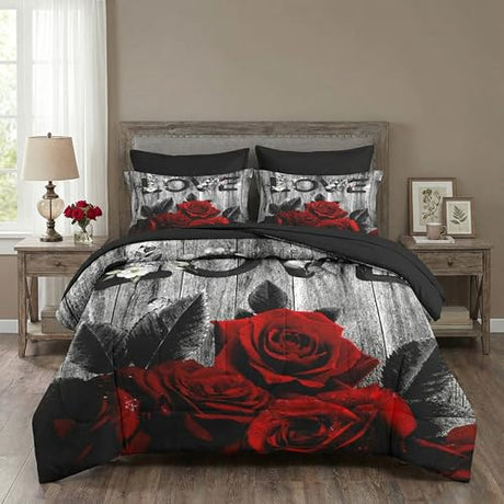 WeCozy 7 Pcs Queen Size Comforter Set with 2 Pillowcases & 2 Shams, Red Rose Flower Bedding for Kids and Adults, Vintage Woodboard Wood Grain Bed in a Bag with Flat Fitted Sheet WeCozy