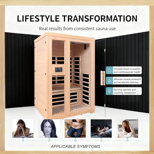Homsido 2-Person Low EMF Far Infrared Sauna for Home,Canadian Hemlock Wood with Far Infrared Heat Therapy,Bluetooth Speakers,Chromotherapy Lights,1850W Heater,Tempered Glass Door&LCD Control Panel Homsido