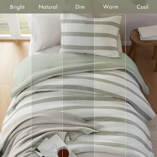 Madison Park Essentials Striped Comforter Set Twin Size, Yarn-Dyed Reversible Comforter with Minimalist Stripes, Crinkled Texture Bedding Set for All-Season Lightweight Warmth, Merritt Sage Green Madison Park