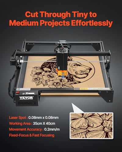 VEVOR 20W Output, Laser Engraving Cutter Machine, 13.7 x 15.7 in/35 x 40 cm Working Area, 10000 mm/min Movement Speed, Compressed Spot with Eye Protection, for Wood, Certain Metal, Black VEVOR