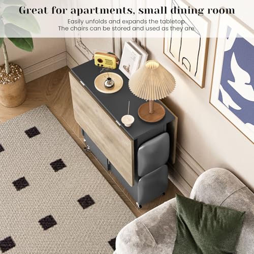 Lamerge Folding Dining Table Set for 4, Dinner Table with 4 Leather Chairs and Shelves, Space Saving Foldable Dining Table with 6 Wheels, Kitchen Table Set for Small Spaces (Grey) Lamerge