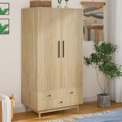 Mxtxmy Armoire Wardrobe Closet with 2 Fluted Doors,64.96" Wooden Clothes Storage Cabinet with Hanging Rod and Shelf Storage,Wardrobe Cabinet with 3 Drawers,Freestanding Closet for Bedroom,Nat - WoodArtSupply