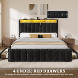 DWVO Queen Size Bed Frame with 4 Storage Drawers and RGB LED Lights, Velvet Upholstered Platform Bed with Charging Station and Bookcase Storage Headboard, No Box Spring Needed, Easy Assembly, Black DWVO