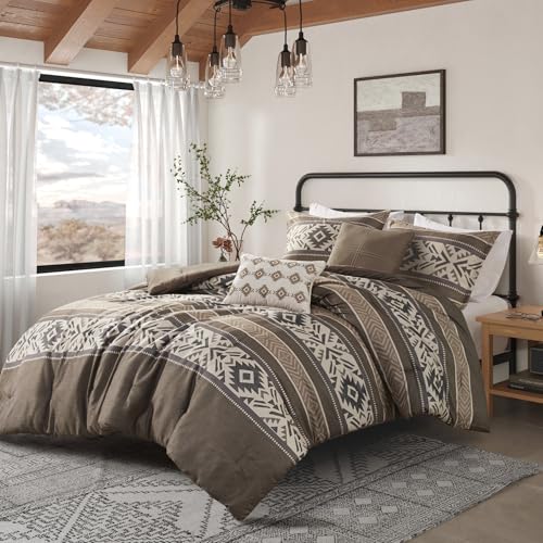 Madison Park Queen Comforter Set, Stripes Herringbone Southwestern Boho Comforters Queen Size, All Season Lightweight & Fluffy Microfiber Bed Set, 2 Décor Pillows, Mariposa, Full/Queen Brown 5 Piece Madison Park