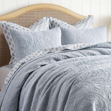 EVERGRACE 100% Cotton Paisley Quilt Set, King Size 3 Piece Set – Prewashed Lightweight Bedspread with 2 Shams, Soft & Breathable Matelasse Coverlet for All-Season Comfort, Pearl Blue EVERGRACEHOME