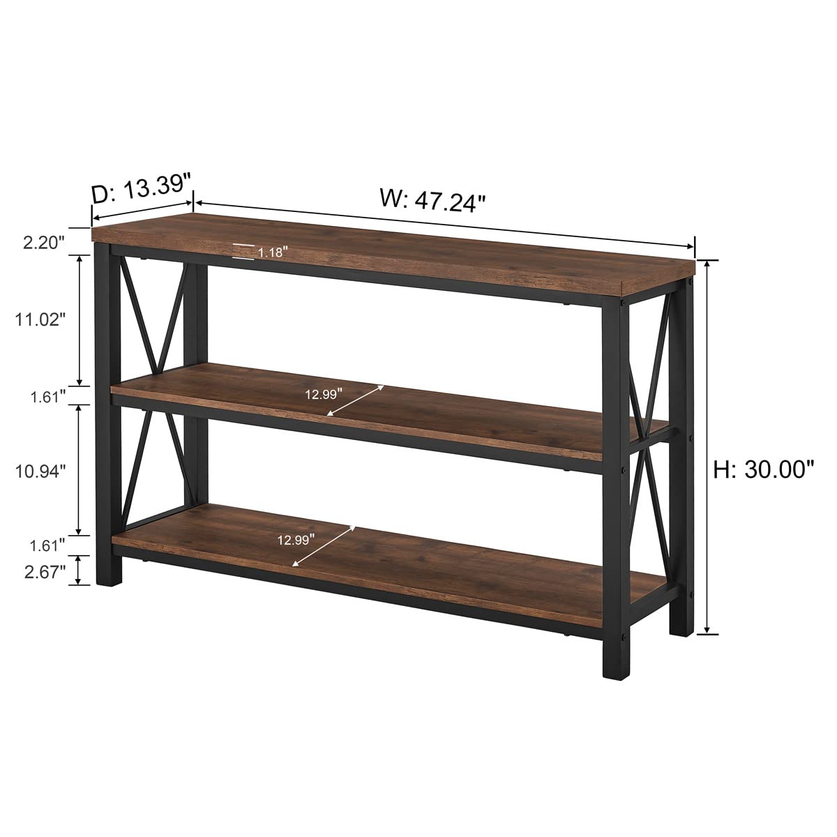 BON AUGURE Rustic Console Table Behind Couch, Industrial Entryway Table with Shelves, 3 Tier Sofa Table for Living Room (47 Inch, Rustic Oak) - WoodArtSupply