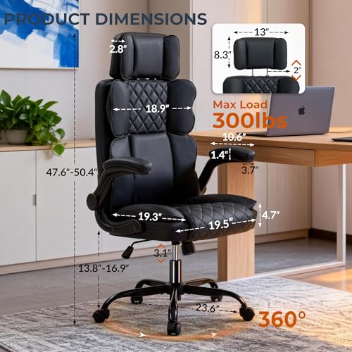 Office Chair with Adjustable Headrest, Faux Leather Executive Home Office Desk Chairs with Ergonomic Back Support, Padded Flip-Up Armrests, Swivel Rolling Computer Chair for Work, Study, Black ACFOUL
